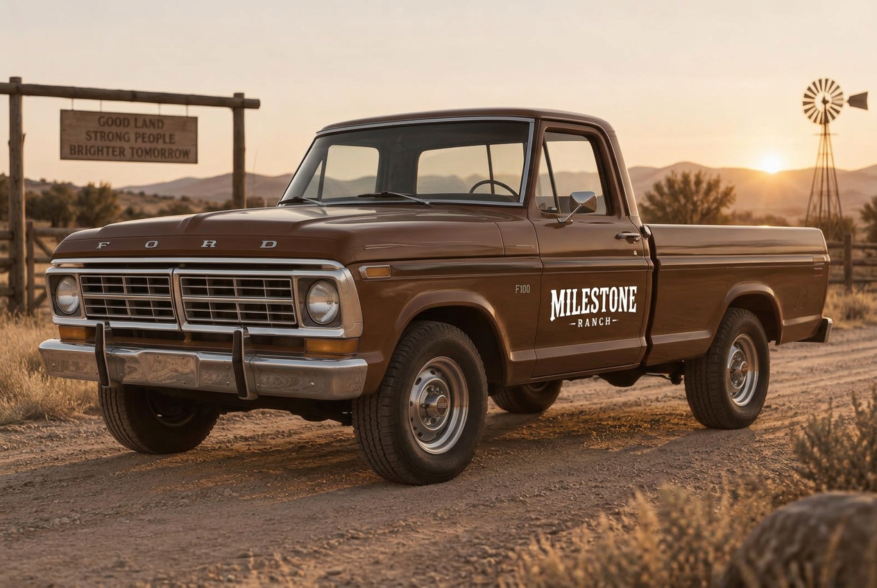 Ford F100 na paleta da marca Milestone com a logo branca na porta