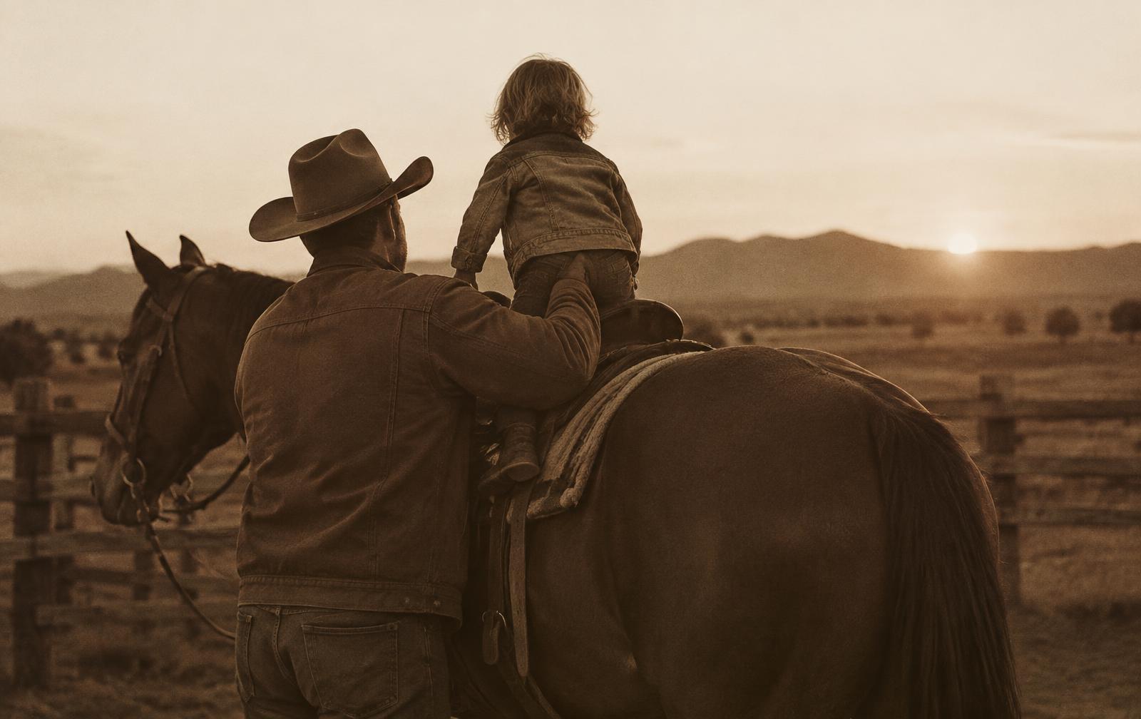 Pai colocando a filha na sela ao pôr do sol